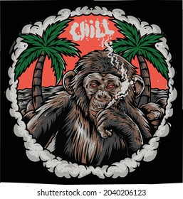 monkey smoking weed on beach vector 