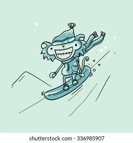 Monkey snowboarder, new year vector illustration