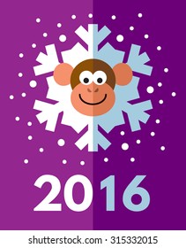 Monkey snowflake. Symbol of the 2016 year. New Year Greeting card. Flat vector illustration