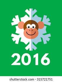Monkey snowflake. Symbol of the 2016 year. New Year Greeting card. Flat vector illustration