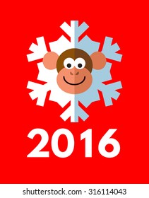 Monkey snowflake. Symbol of the 2016 year. New Year Greeting card. Flat vector illustration