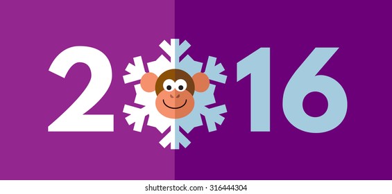 Monkey snowflake. Symbol of the 2016 year. New Year Greeting card. Flat vector illustration
