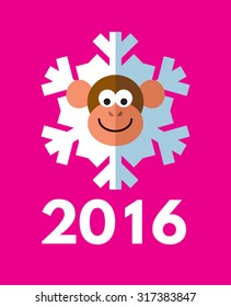 Monkey snowflake. Symbol of the 2016 year. New Year Greeting card. Flat vector illustration