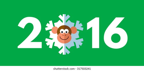 Monkey snowflake. Symbol of the 2016 year. New Year Greeting card. Flat vector illustration