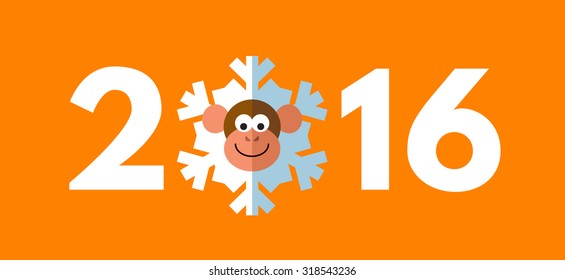 Monkey snowflake. Symbol of the 2016 year. New Year Greeting card. Flat vector illustration