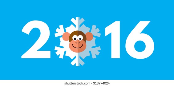 Monkey snowflake. Symbol of the 2016 year. New Year Greeting card. Flat vector illustration