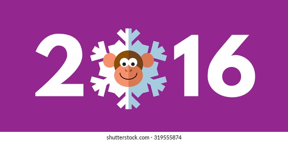 Monkey snowflake. Symbol of the 2016 year. New Year Greeting card. Flat vector illustration