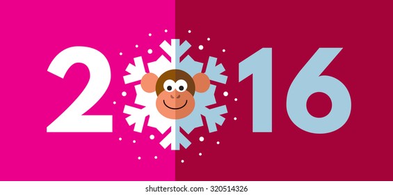 Monkey snowflake. Symbol of the 2016 year. New Year Greeting card. Flat vector illustration