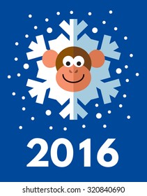 Monkey snowflake. Symbol of the 2016 year. New Year Greeting card. Flat vector illustration