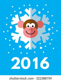 Monkey snowflake. Symbol of the 2016 year. New Year Greeting card. Flat vector illustration