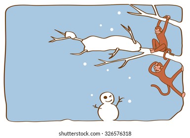 The monkey and snowman. postcard template 