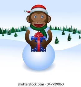 Monkey and snowman in the red cap keep in hands a gift with bow. Winter background with snow and spruce. Vector cartoon illustration.