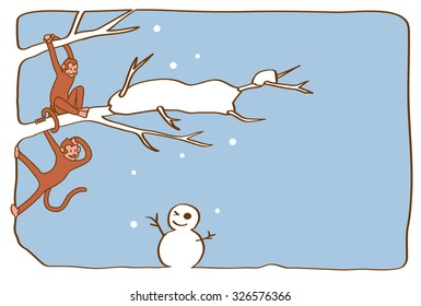 The monkey and snowman. (The postcard template is the horizontal and is the illustration of the left position layout, and the light blue background.) 