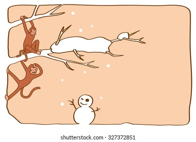 The monkey and snowman. (The postcard template is the horizontal and is the illustration of the left position layout, and the beige background.) 