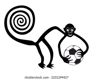 Monkey with the soccer ball in hands - paraphrase of the famous geoglyph of the Monkey from Nazca, Nazca lines, Peru