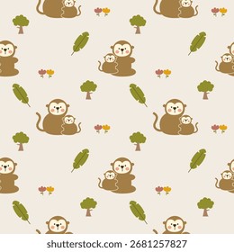 Monkey and son cartoon so cute. On banana leaf tree flower background. Pattern seamless vector illustration. 