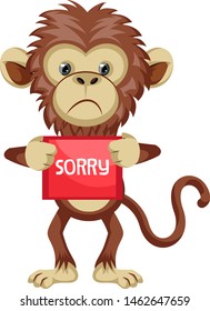 Monkey with sorry sign, illustration, vector on white background.