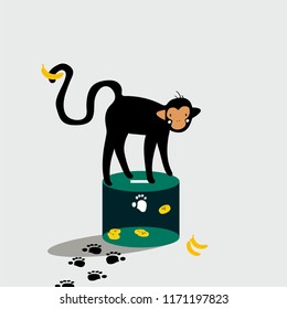 Monkey standing on the donation box