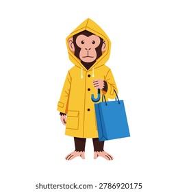 A monkey stands wearing a yellow raincoat and carrying a blue umbrella shaped shopping bag. Emphasize the professional yet adorable look of the weather themed character. Flat vector mascot design.