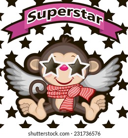 Monkey with star glasses on the background of stars 