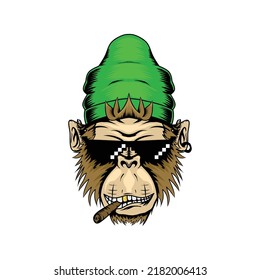 Monkey Stay Calm with Meme Glasses Illustration.Designs for T-shirts, Tattoos, Stickers, Gaming Logos or Posters