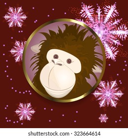 Monkey sticker on background with sparkly snowflakes on burgundy