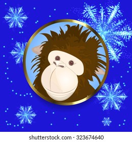 Monkey sticker on background with sparkly snowflakes on blue