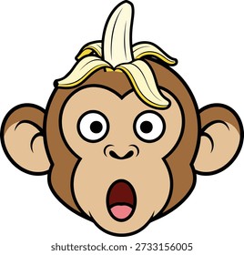 Pegatina de mono de un mono sorprendido con un sombrero de plátano pelado en la cabeza, perfecto para divertidos emojis, pegatinas, App y diseños infantiles

