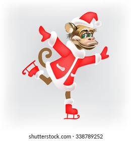 a monkey in a suit of Santa Claus skating isolated new year vector