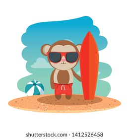 monkey with summer sunglasses and surfboard on the beach