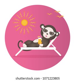 Monkey in sun glasses glows under the sun and drinks a cocktail. Vector stock illustration. Children's drawing in cartoon style. It can be used for design of a notebook, cover, educational activities