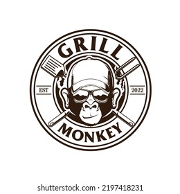 Monkey Sunglasses And Trucker Hat With With A Grill Fork And Spatula Vector For Grill Or Food Logo