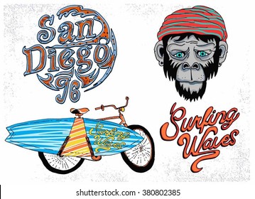 monkey with a surfboard .Vector set.