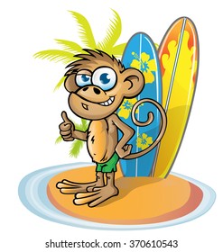 Monkey  Surfer  Cartoon On Island With Surfboard