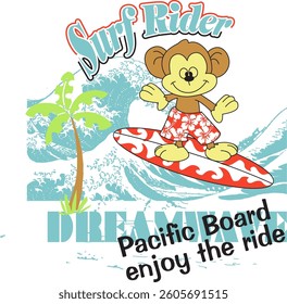 Monkey surfing on a wave, with a palm tree and the text 'Surf Rider'