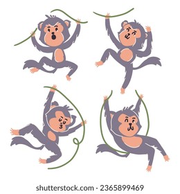 Affen schwingen auf Weinbergen. Cute Cartoon Figuren. Handgezeichneter Stil. Weißer isolierter Hintergrund. Vektorgrafik.
