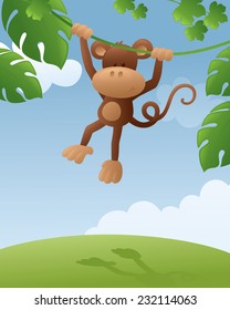 Monkey swinging in the jungle.