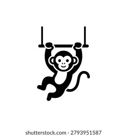 Monkey swinging on trapeze bar, vector icon. Playful monkey gripping trapeze bar mid-swing during circus act performance, isolated on a clean background in flat vector icon style.