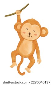 Monkey is swinging on vine . Watercolor paint design . Cute animal cartoon character . Vector .