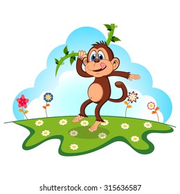 Monkey swinging on vines cartoon in a garden for your design