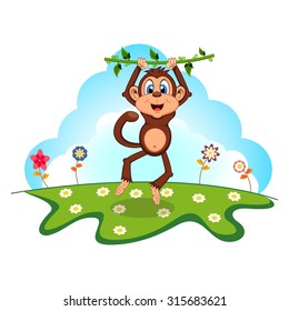 Monkey swinging on vines cartoon in a garden