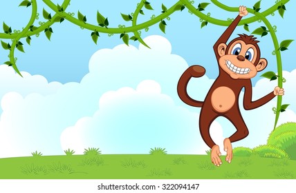 Monkey swinging on vines cartoon in a garden for your design