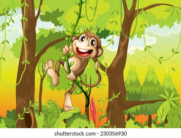 Monkey swinging through the forest