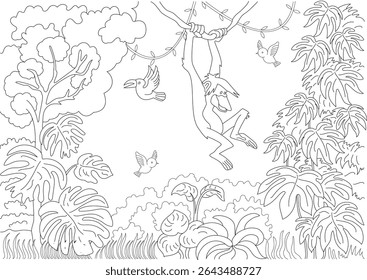 Monkey Swinging in Tropical Jungle Line Art, Black and white outline illustration of a playful monkey swinging on a vine in a dense jungle scene with birds flying among lush foliage and trees.