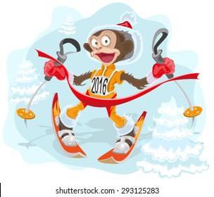 Monkey symbol 2016 goes skiing. Illustration in vector format