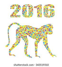 Monkey as a symbol of 2016 in year. Bright illustration for 2016 from colored dots on the white background. It may be used for design of a t-shirt, bag, postcard, a poster and so on.
