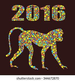 Monkey as a symbol of 2016 in year. Bright illustration for 2016 from colored dots on the white background. It may be used for design of a t-shirt, bag, postcard, a poster and so on.