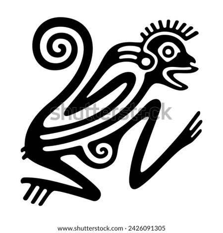 Monkey symbol of ancient Mexico. Decorative Aztec clay stamp motif showing an Ozomahtli, as it was found in pre-Columbian Veracruz. Eleventh day sign of the tonalpohualli, the Aztec calendar. Vector.
