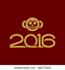 Monkey symbol of Chinese New Year. Golden glittering monkey head and 2016 numbers on red background.