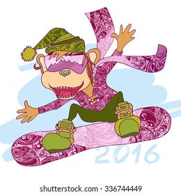 monkey symbol of the new Year Chinese Horoscope in decorative clothes green cap and magenta dress and snowboard